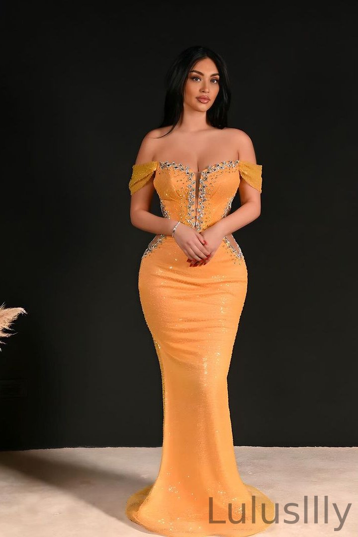 Classy Orange Off-the-Shoulder Sweetheart Mermaid Evening Dress Sequins With Crystals - lulusllly