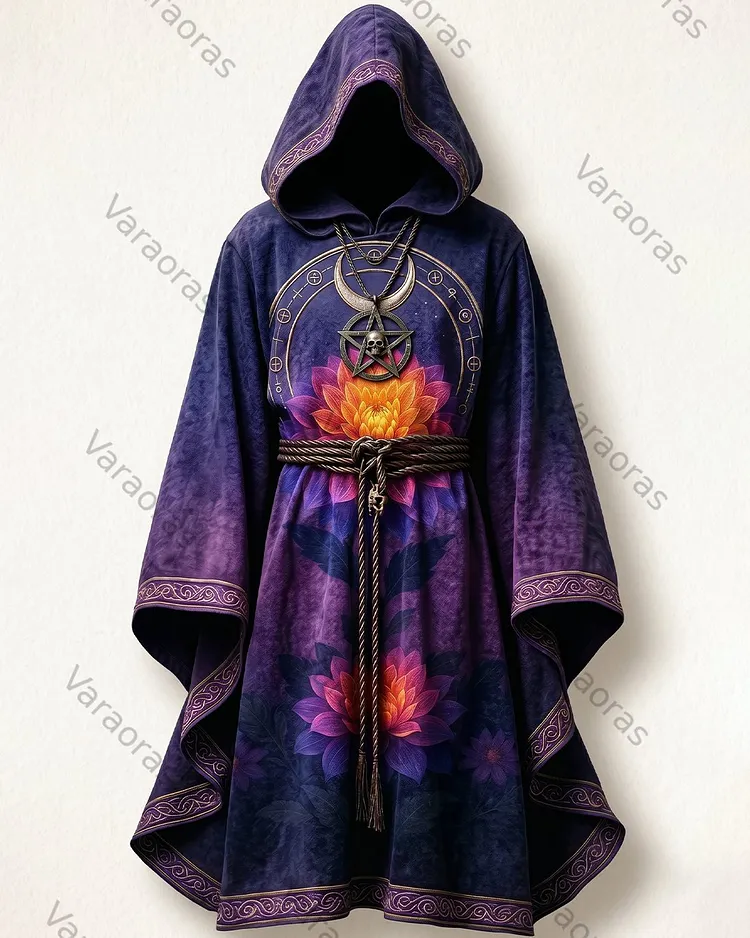Men's Fashion Hippie Lotus Print Linen Hooded Cape1341