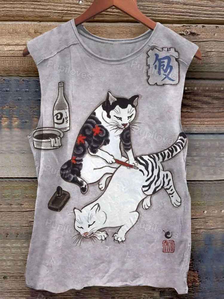 Pupiloves Pupiloves Cat In Tattoo Print Casual Tank Top