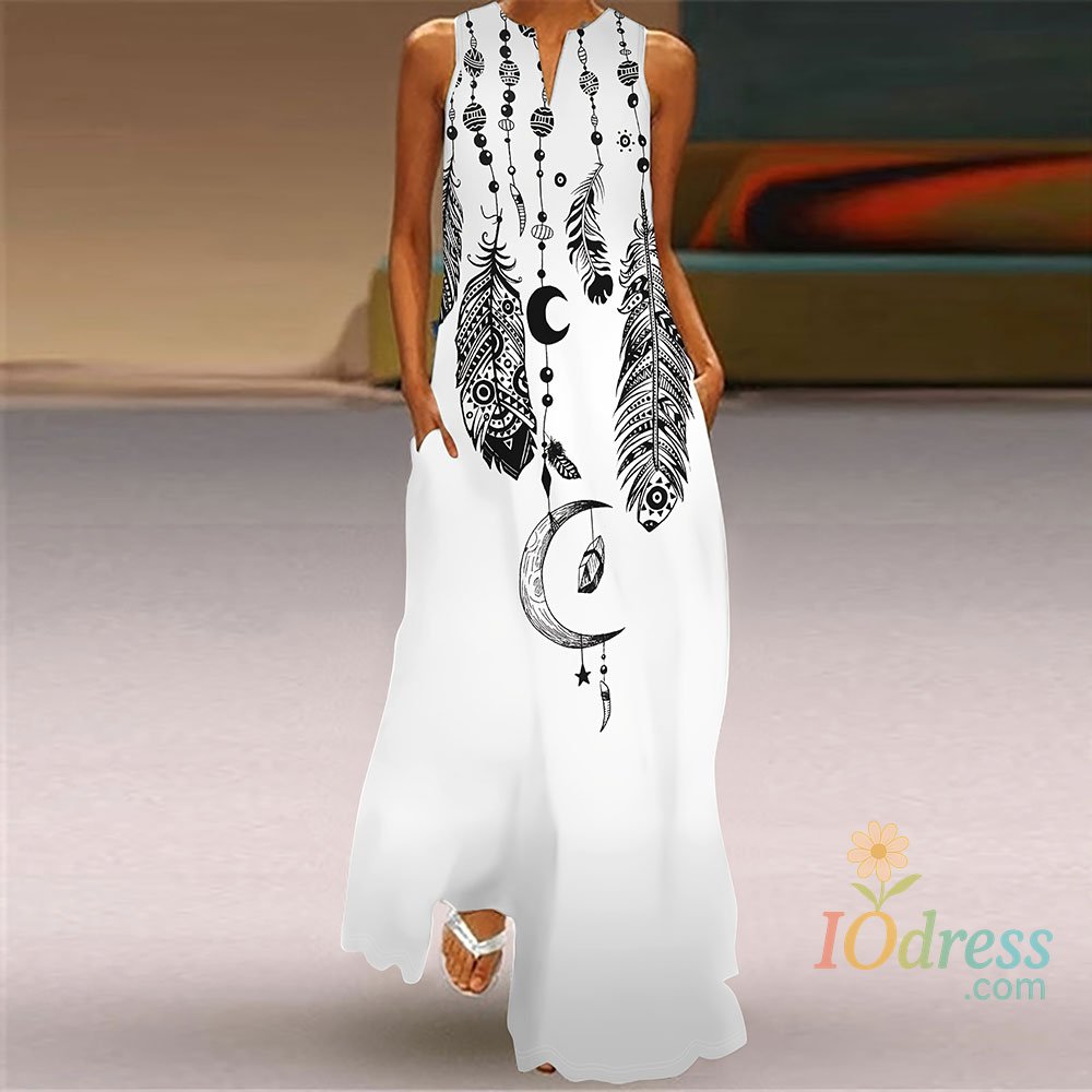 IO Dress Women'S Loose Dress Summer Casual Feather Print Dress Women'S Plus-Size V-Neck Sleeveless Dress Fashion Elegant Evening Dress IO Dress Store
