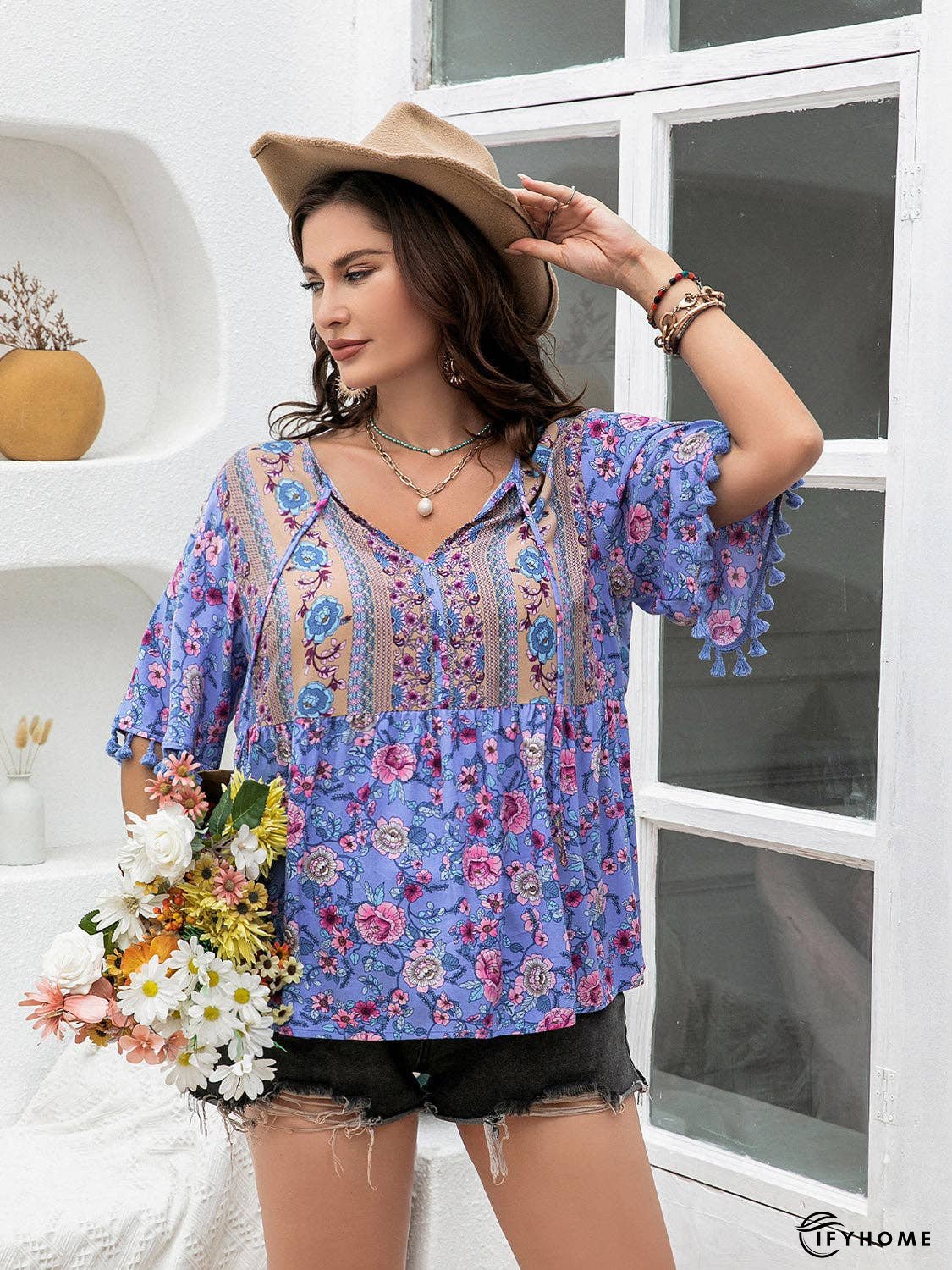 Plus Size Printed V-Neck Half Sleeve Blouse | IFYHOME