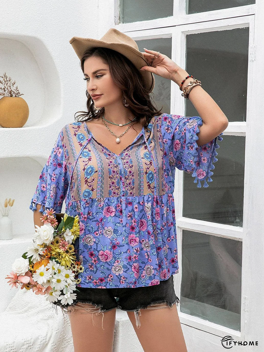 Plus Size Printed V-Neck Half Sleeve Blouse | IFYHOME