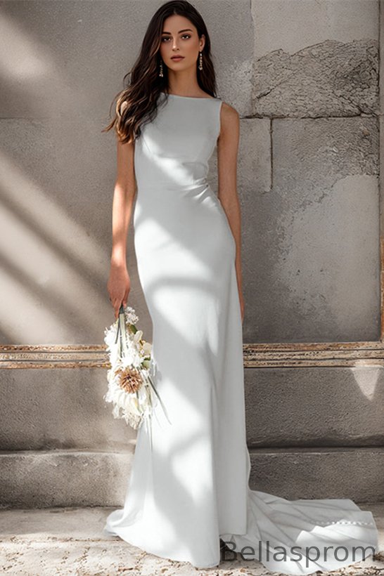 Bellasprom Open Back Scoop Sleeveless Satin Wedding Dress Mermaid With Button Back Bellasprom