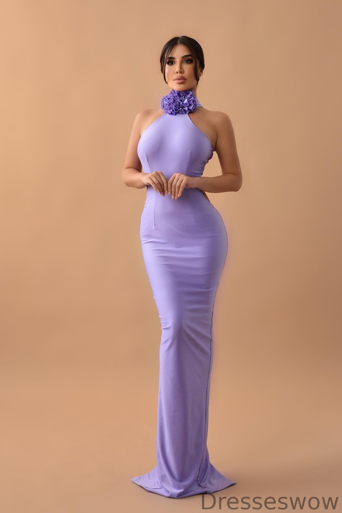 Dresseswow Lilac Halter Sleeveless Mermaid Prom Dress With Back Split