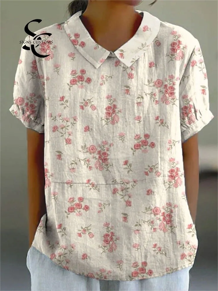 Women's  Vintage Floral Art Print Casual Cotton And Linen Shirt