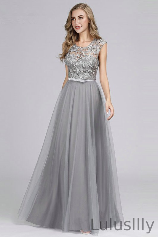 Chic Sleeveless Grey Tulle Evening Prom Dress With Lace Appliques - lulusllly