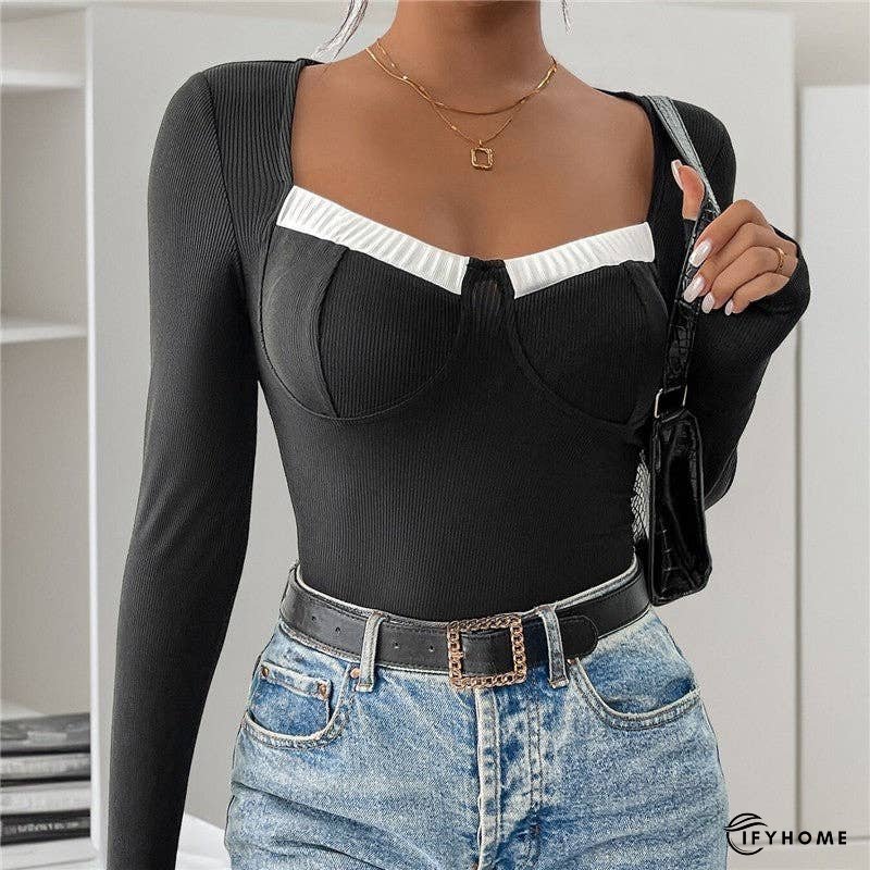 Long Sleeve Color Block Knitted High Elasticity Jumpsuit | IFYHOME