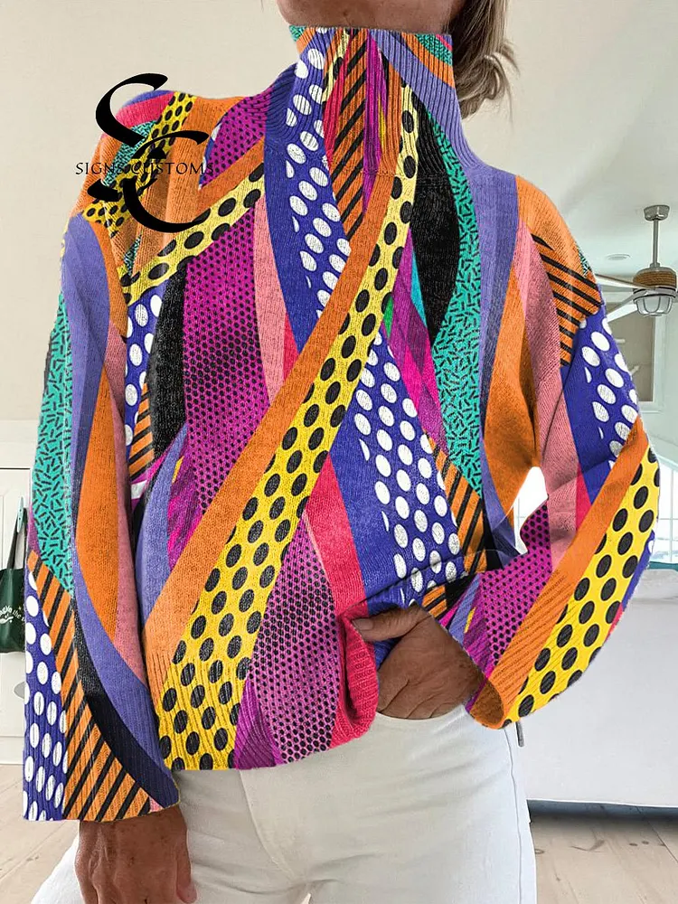 Abstract Geometric Pattern Printed Knit Turtleneck Pullover Sweater
