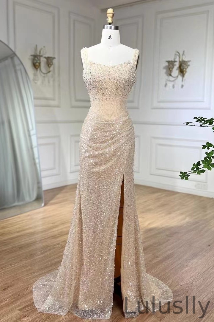 Luluslly Square Mermaid Evening Dress With Split Sequins Beads Pearls Sleevelesss