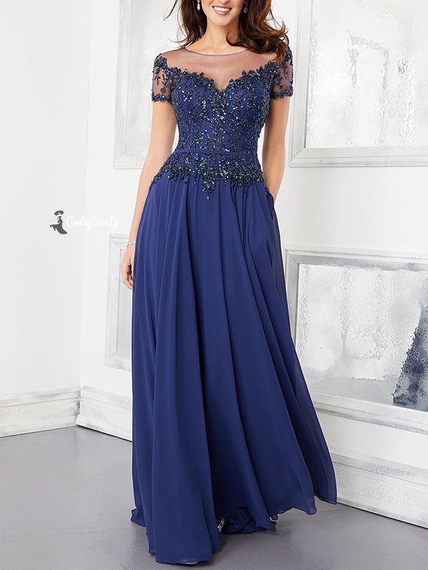 A-Line Evening Gown with Crystal Beading on Lace Bodice with Chiffon Dress