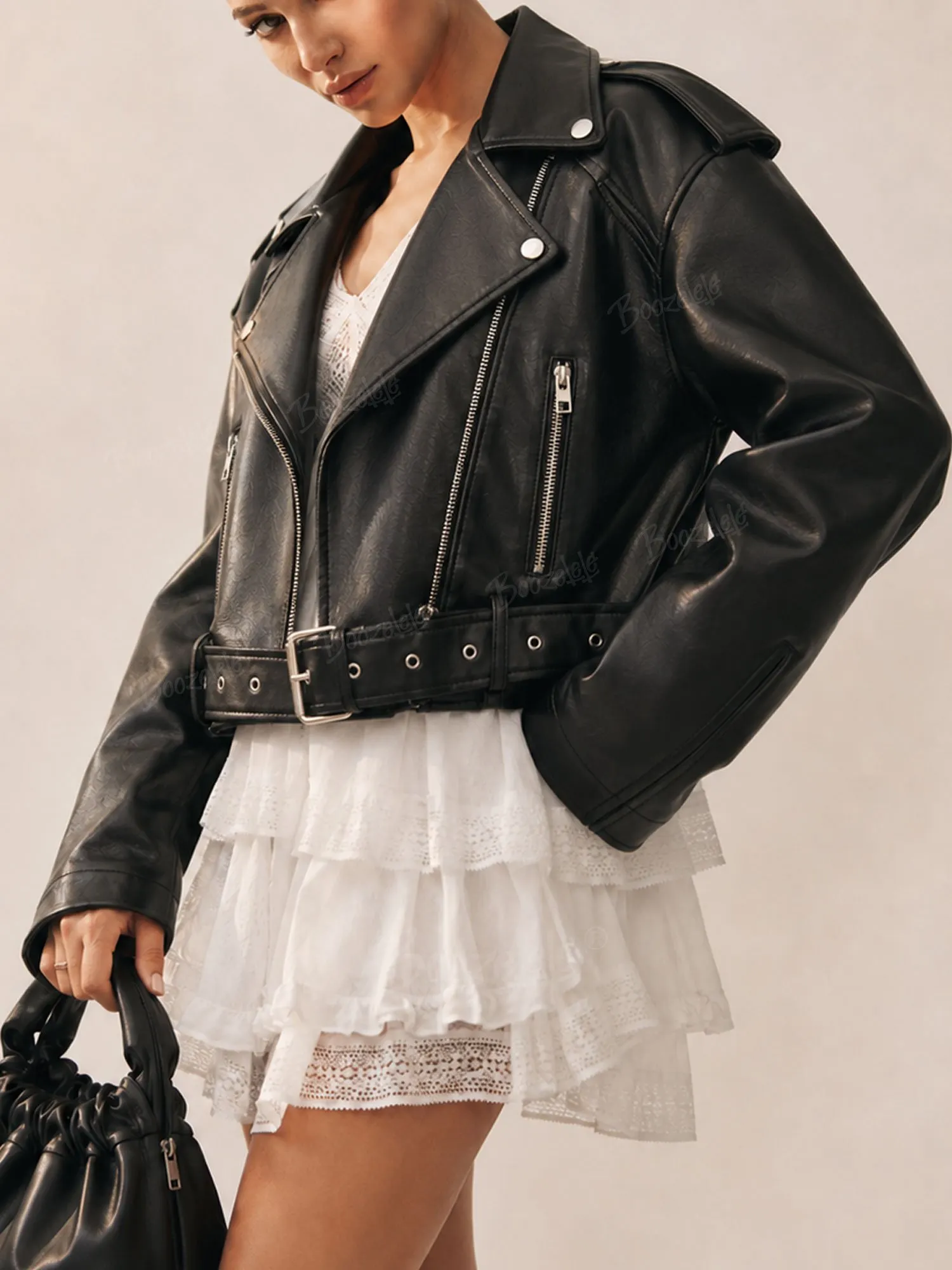2026 Spring/Autumn Chic &mdash; Black Classic Cropped Slim-Fit PU Leather Biker Jacket