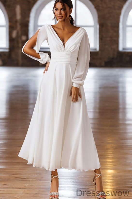 Dresseswow V-Neck Long Sleeves Tea-Length Wedding Dress Chiffon With Pleats