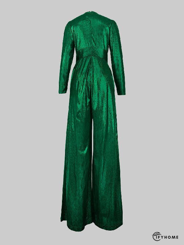 High Waisted Three-Quarter Sleeves Pleated Solid Color Deep V-Neck Jumpsuits | IFYHOME