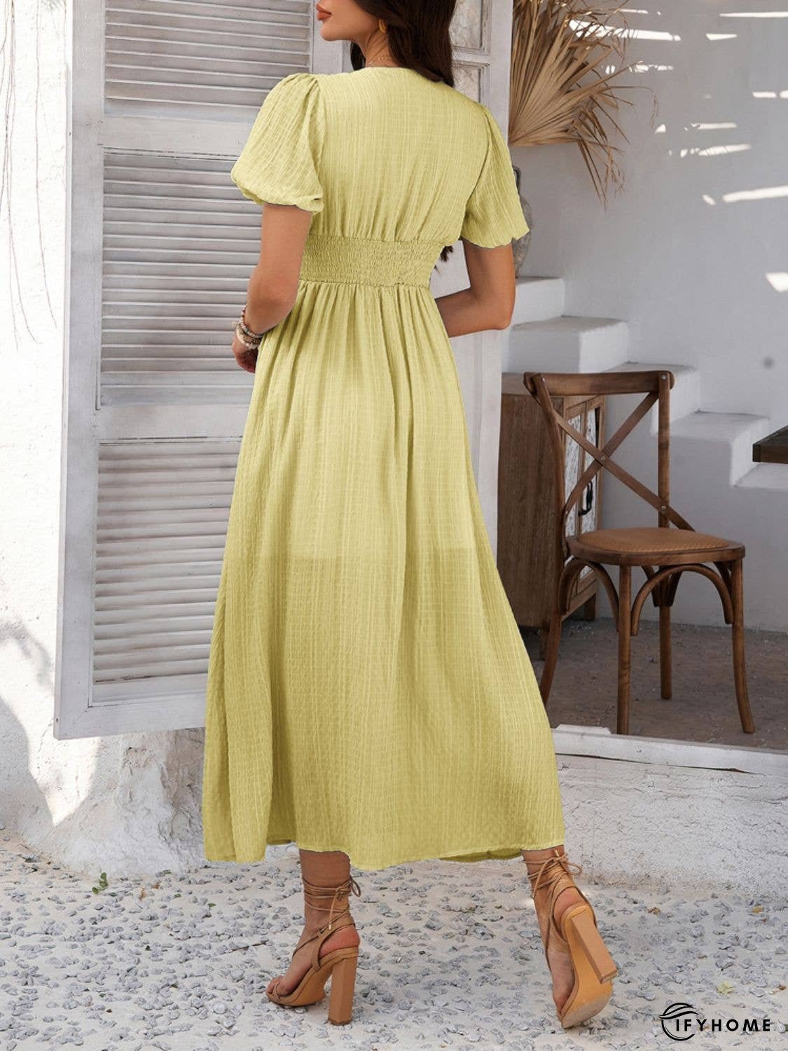 Devine V-Neck Puff Short Sleeve Midi Dress | IFYHOME