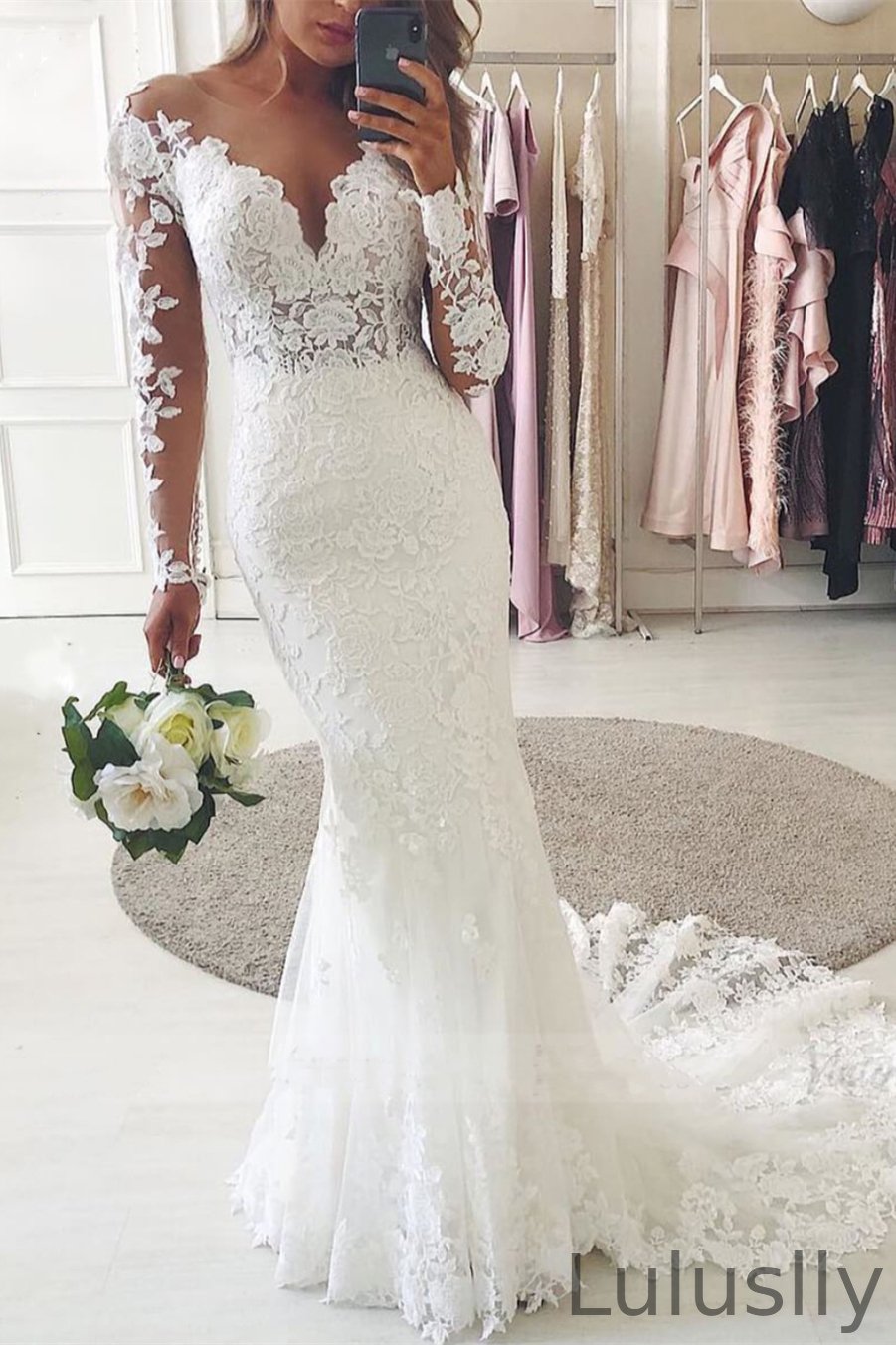 Luluslly Sweetheart Long Sleeves Lace Beach Wedding Dress Mermaid