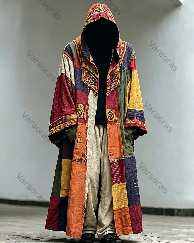 Men's Summer Fashion Boho-Style Patchwork Embroidered Linen Hooded Cape 2648