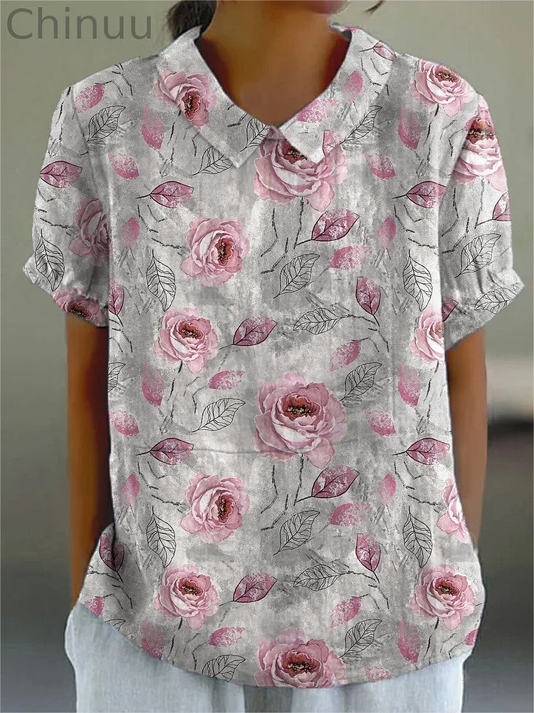 Women's Flower Print Casual Cotton And Linen Shirt