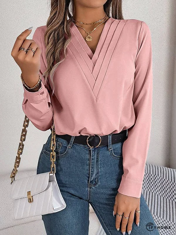 Long Sleeves Loose Pleated Solid Color Split-Joint V-Neck T-Shirts Tops | IFYHOME