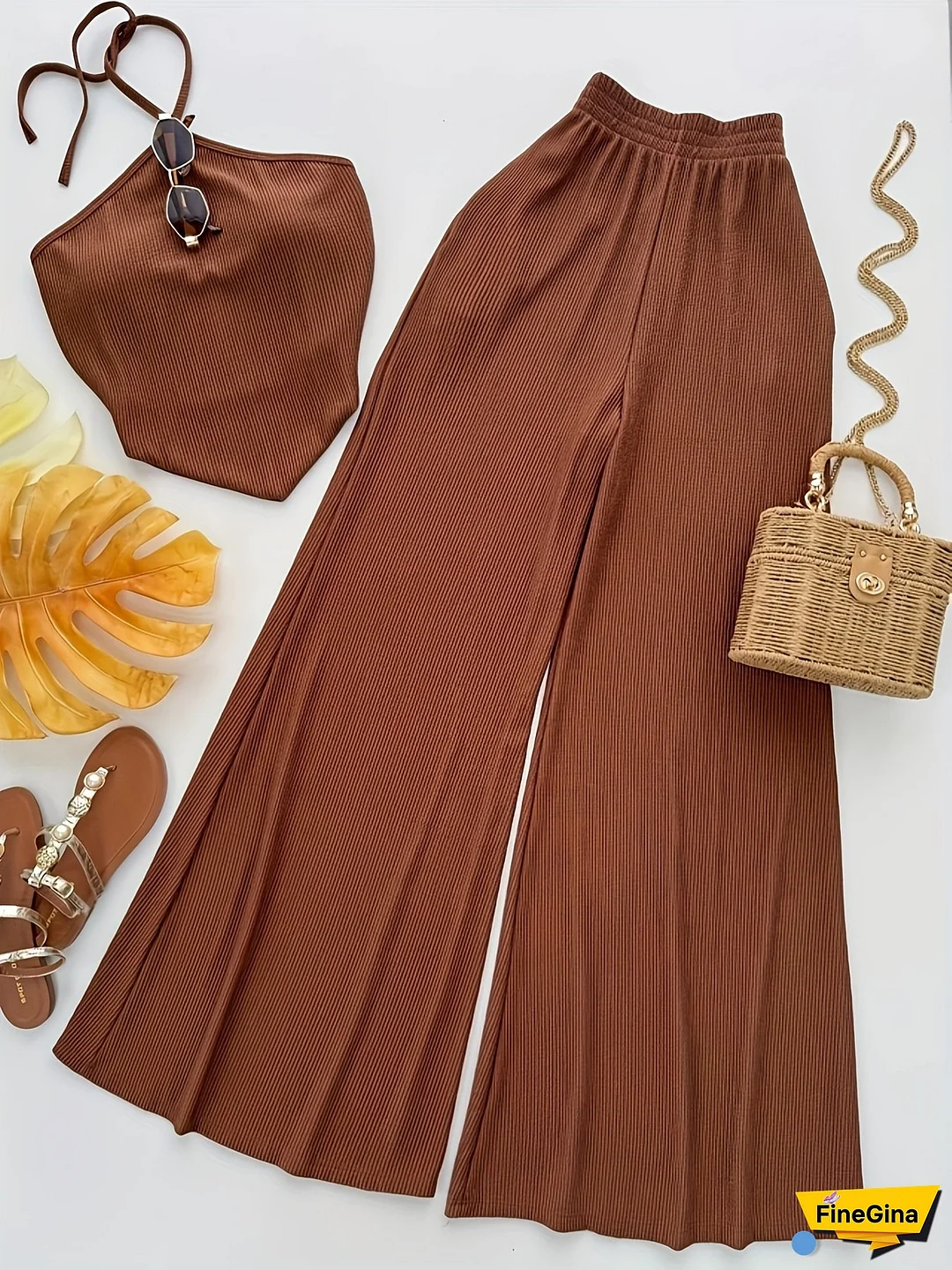 Summer Design Off-Shoulder Crop Top + Elastic Waist Flare Pants Set