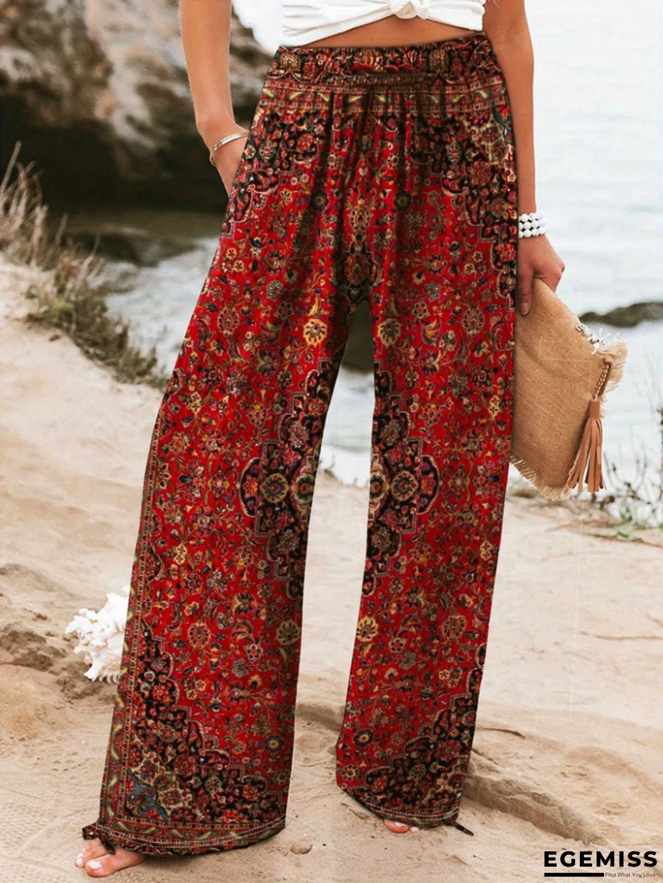 Women&lsquo;s Vintage Bohemian Print Wide-Leg Pants with Pockets - Red, Brown & Beige Floral Pattern, Loose Fit for Spring/Summer, Perfect for Beach or Casual Outings, Beach Attire | Bohemian Style | Texture | EGEMISS