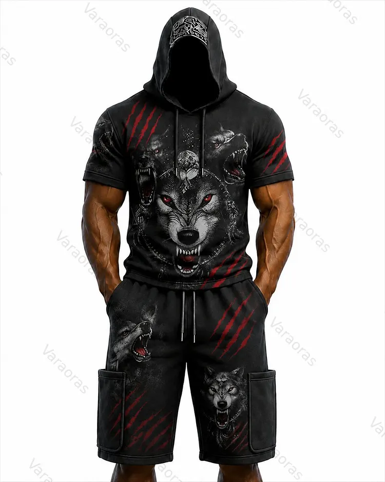 Men's Viking Color-Block Embroidered Hooded Short-Sleeved Top and Shorts Set 5299