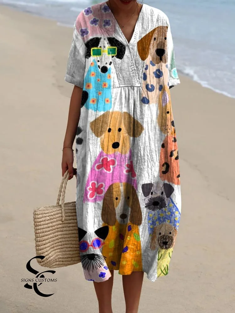 Minimalist Women's Dress with Colorful Cartoon Puppy Print