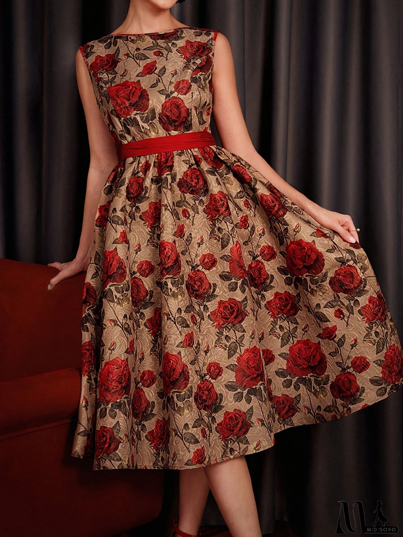 Elegant Red Rose Floral Print Sleeveless Dress With Tie-Waist - V-Neck, A-Line Silhouette, Lightweight Polyester For Women, Perfect For Spring & Summer, Casual To Formal Wear, Casual Formal Dress | Floral Print Dress | Polyester Fabric
