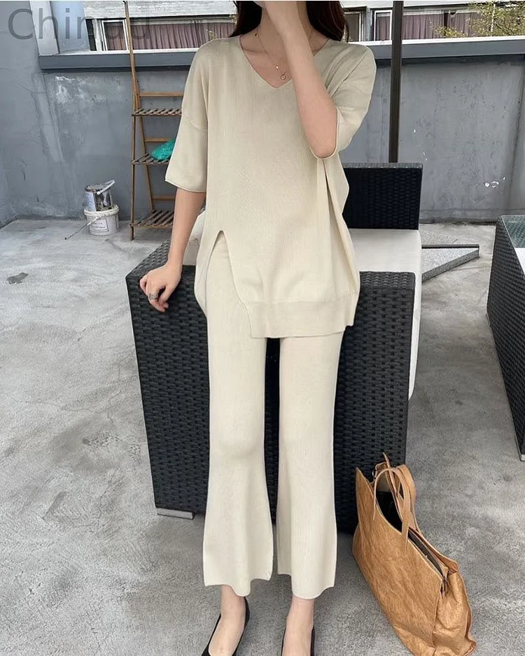 Loose V-Neck Casual Knit Two-Piece Set