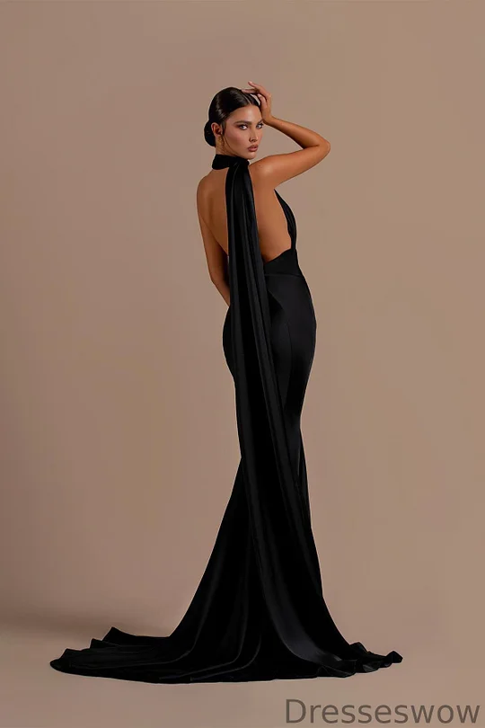 open lace back dress Black Mermaid Long Prom Dresses With Side Slit, MP635 main image 1