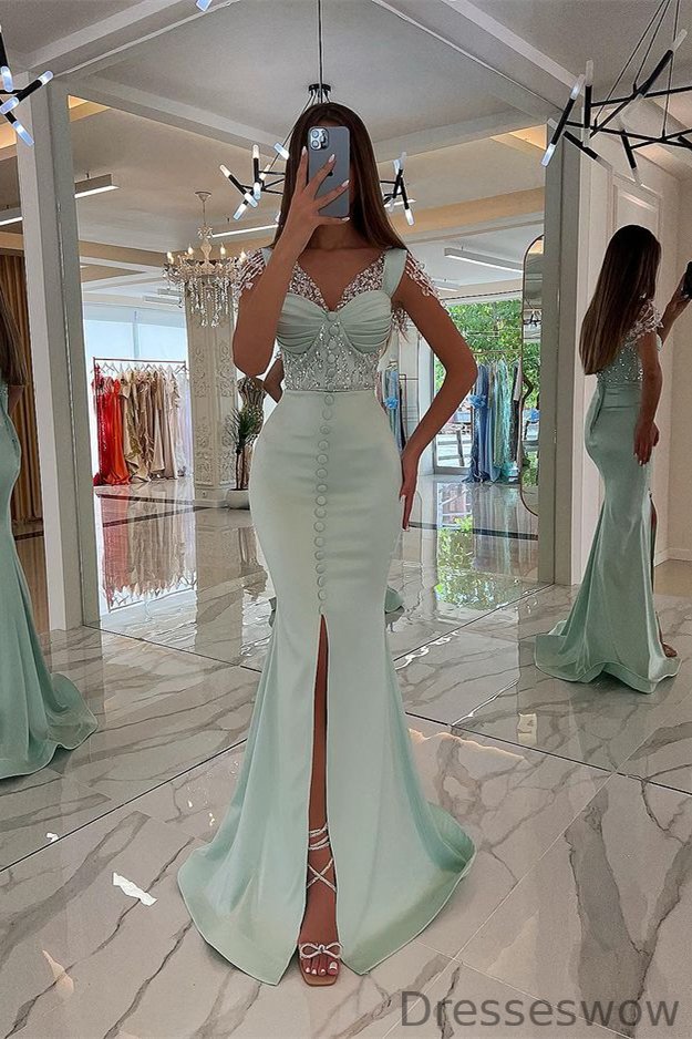 Dresseswow Mint Green V-Neck Mermaid Prom Dress Front Split Buttons With Beads Crystals