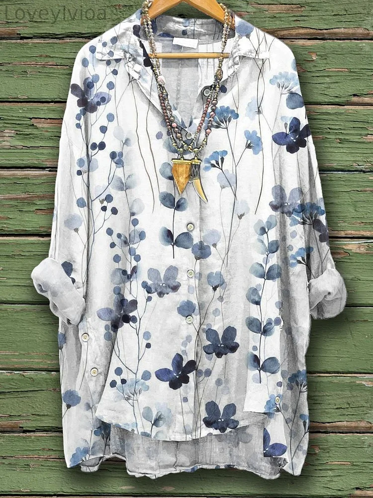 Women's Flower Print Casual Cotton And Linen Shirt