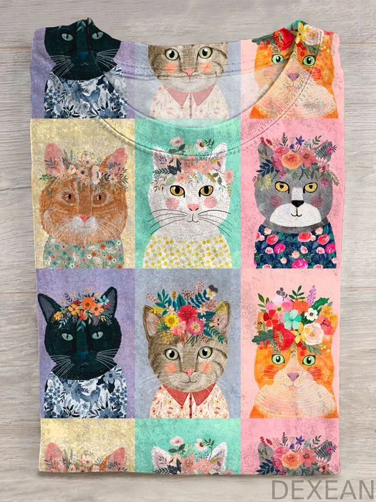 Cat Art Print Short Sleeve Casual T-shirt