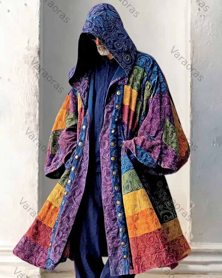 Men's Summer Fashion Boho-Style Patchwork Embroidered Linen Hooded Cape 3313