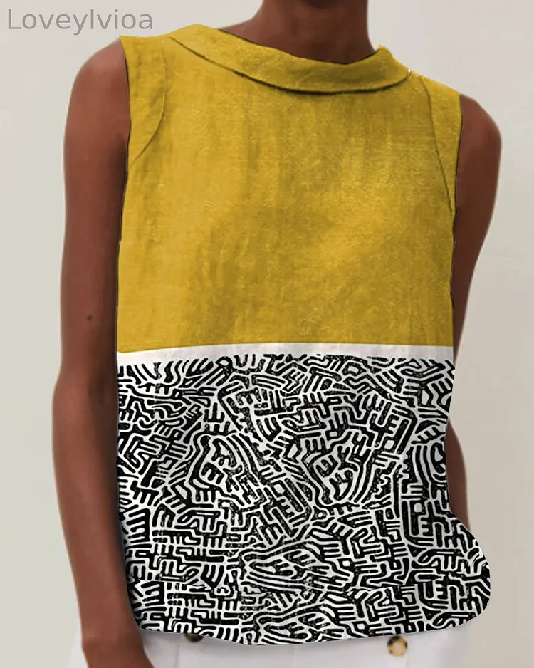 Vintage Abstract Art Print Crew Neck Sleeveless Top