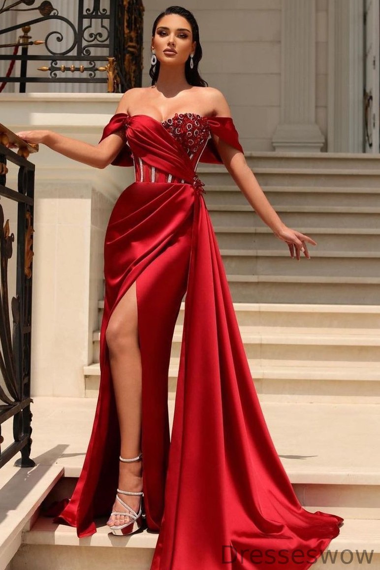 Dresseswow Red Off-the-Shoulder Slit Prom Dress Long With Ruffle Beads
