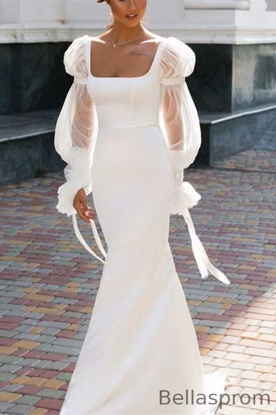Bellasprom Square Long Sleeves Sheath Wedding Dress Satin Online Bellasprom