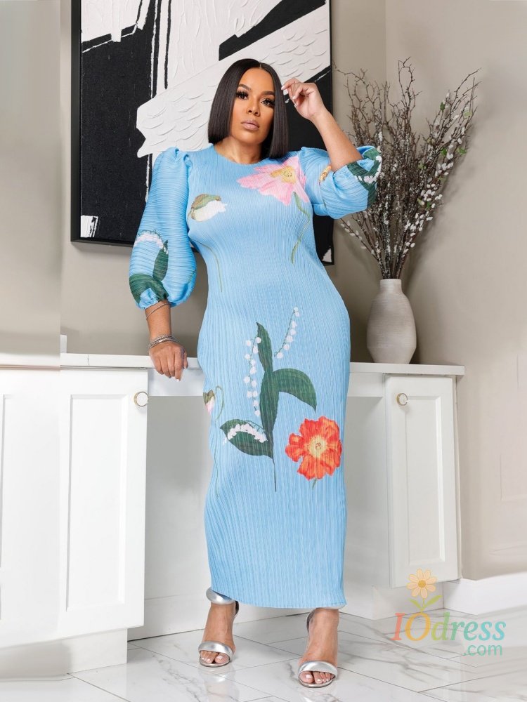IO Dress Wmstar Dresses Women Fashion Ladies High Grade Lantern Sleeve Pleated Flower Print Round Neck Maxi Dress New Summer IO Dress