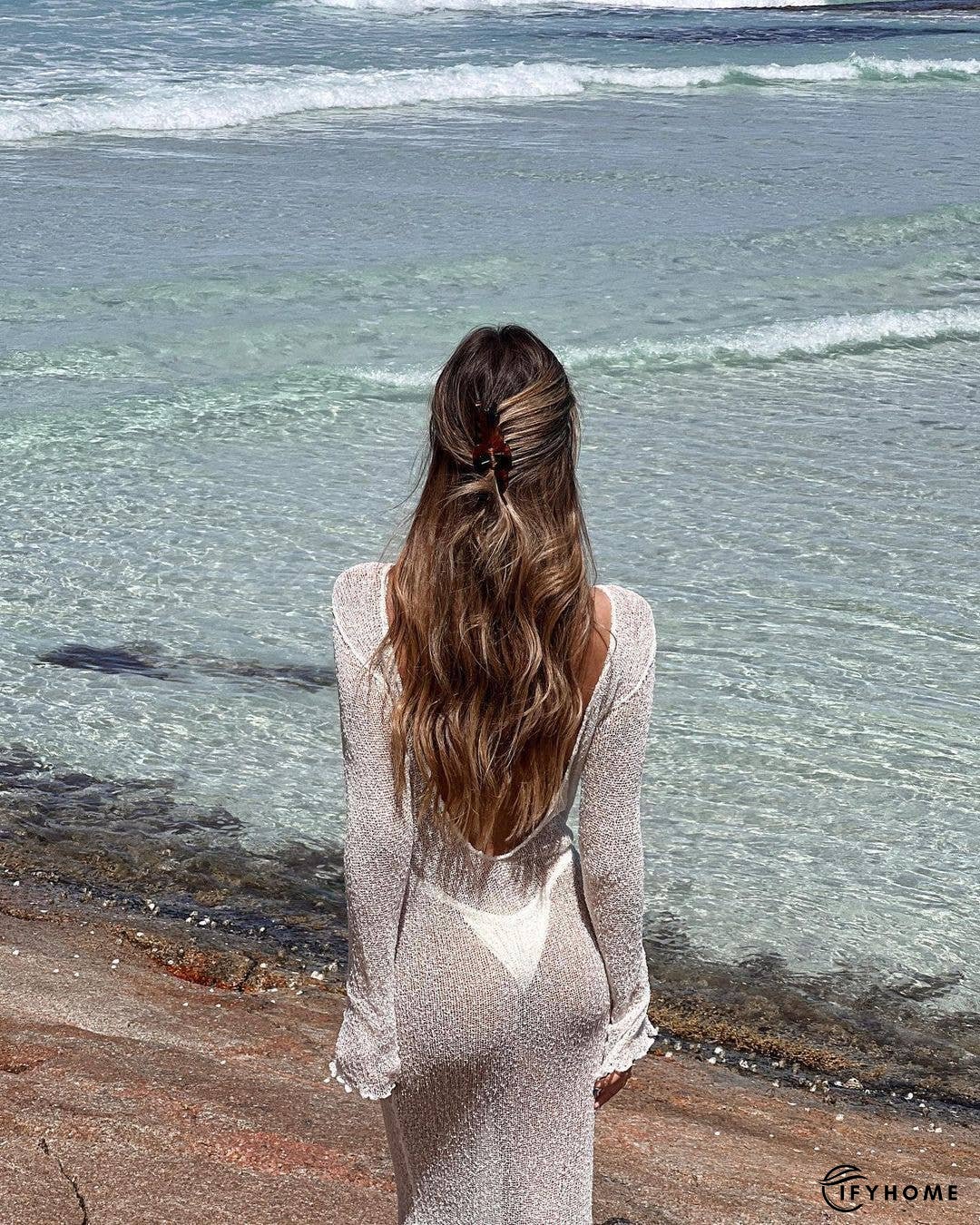 Ladies See Sheer Backless Knit Maxi Dress Beach Cover 1226 | IFYHOME