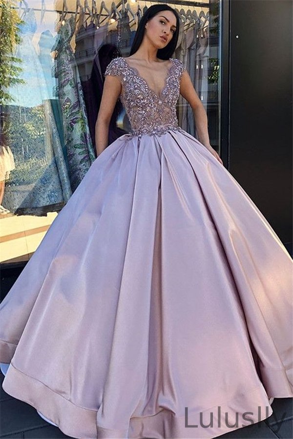 Luluslly Cap Sleeves Lace Appliques Ball Gown Prom Dress V-Neck