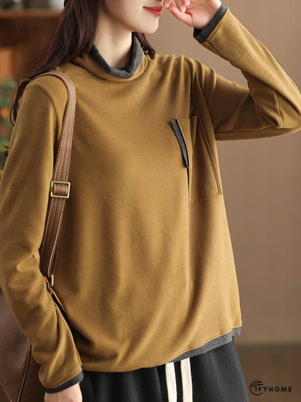 False Two Long Sleeves Contrast Color Pockets High Neck T-Shirts Tops | IFYHOME