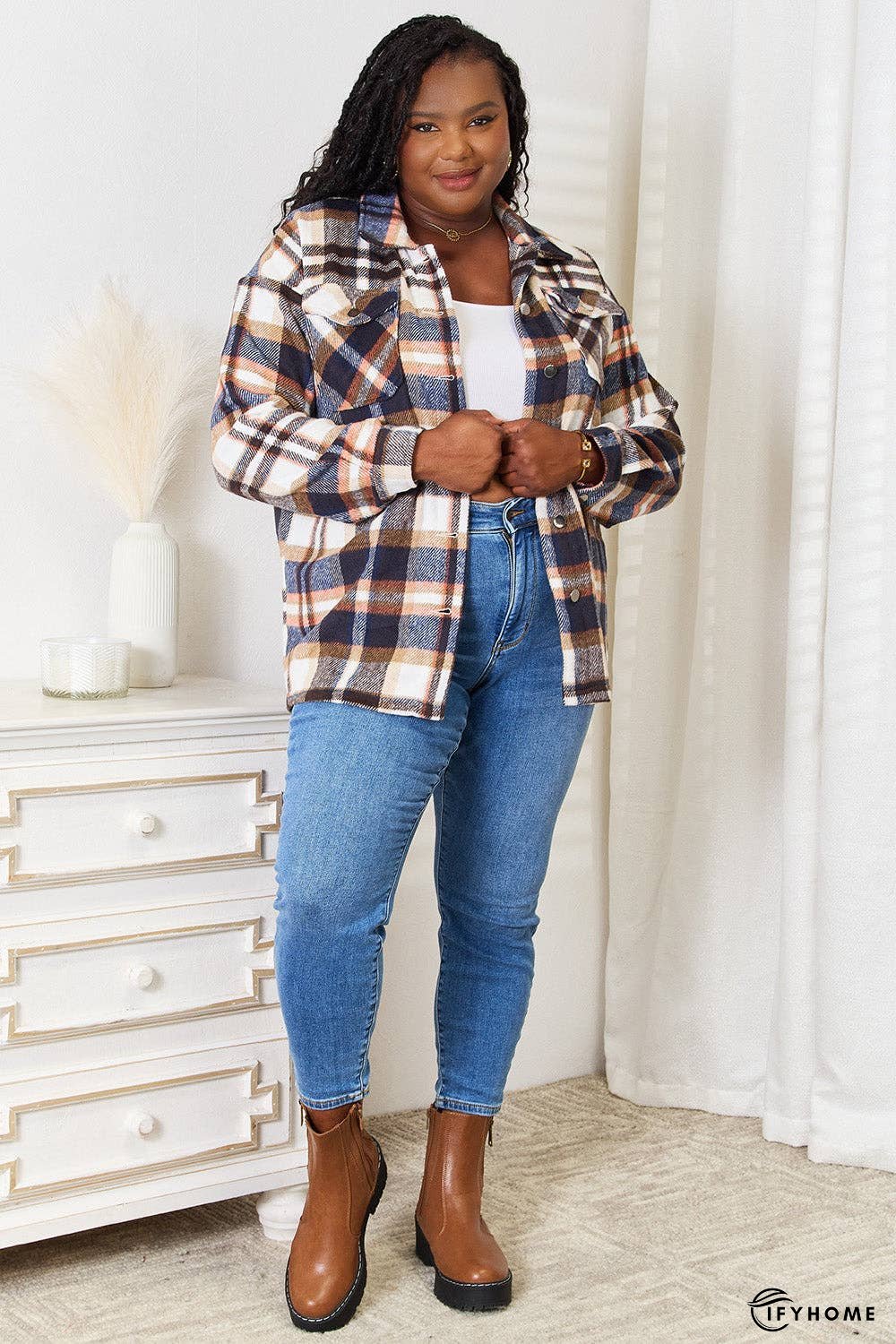Double Take Plaid Button Front Shirt Jacket with Breast Pockets | IFYHOME