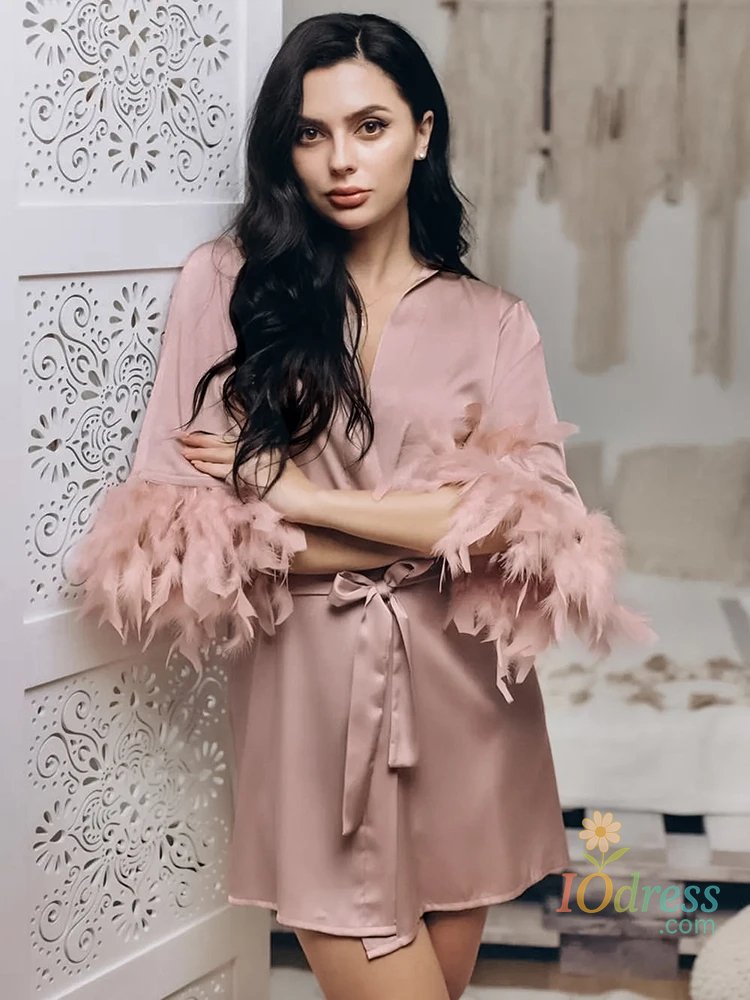 IO Dress White Feather Robe With Fur Full Sleeves Sleepwear Satin Robes For Women Nightgown Bride Robe Gown Dress Bathrobe Female