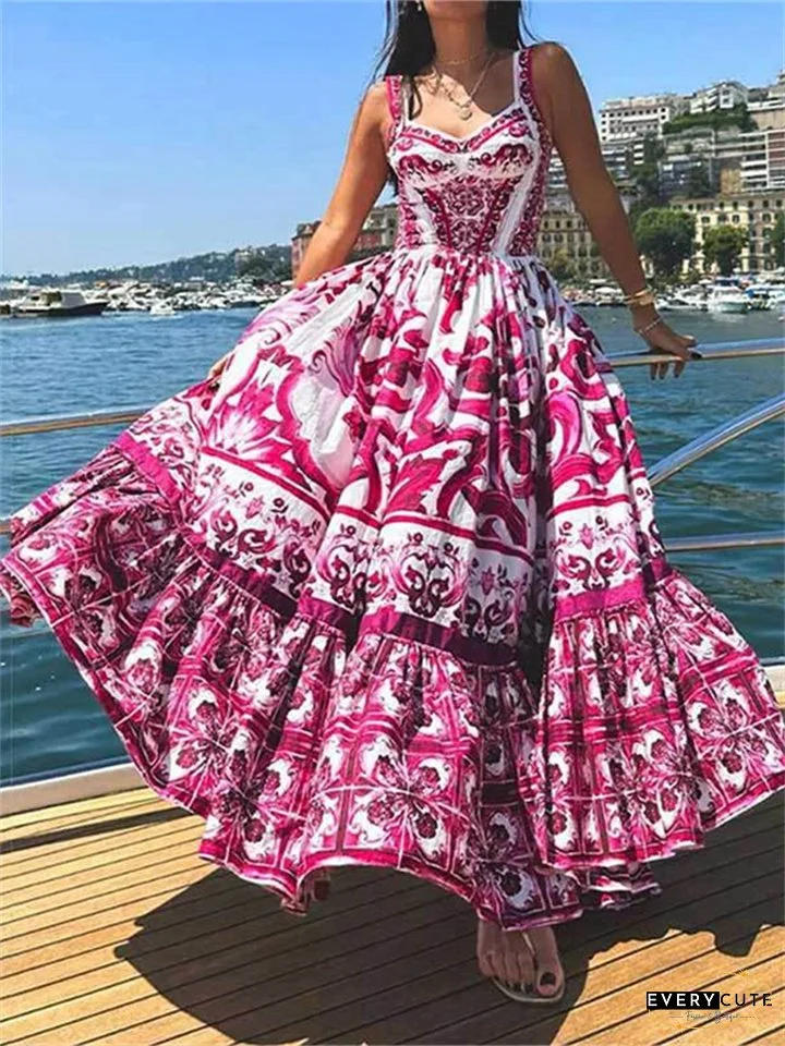 Women's New Bohemian Wind in The Middle of The Long Section of The Large Swing Printed Halter Dresses