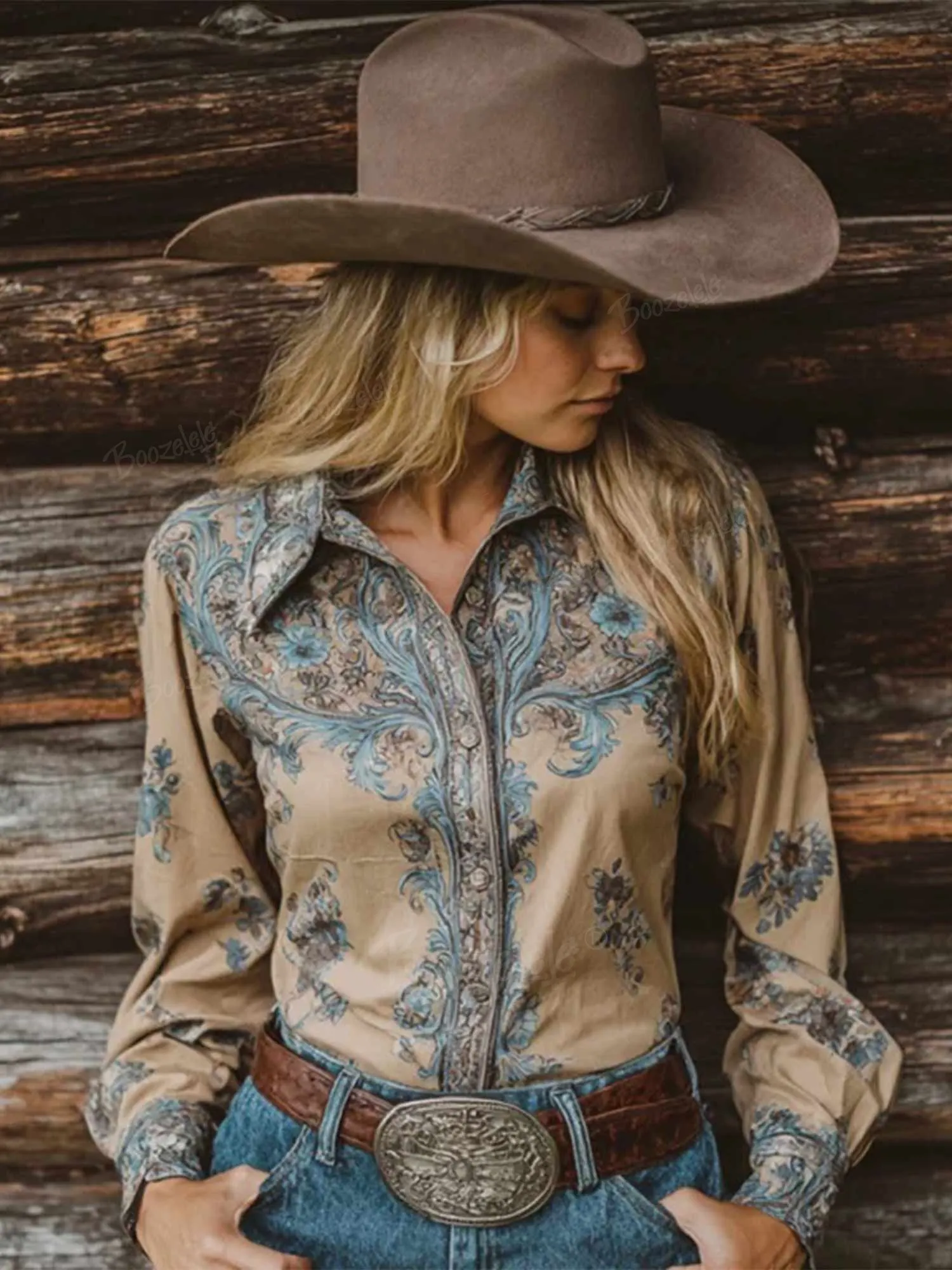 Women's Vintage Western Floral Design - 100% Cotton Shirt