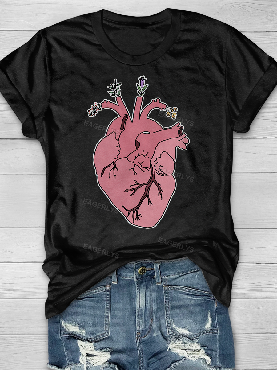 Eagerlys Anatomical Heart With Flowers Print T-shirt Eagerlys