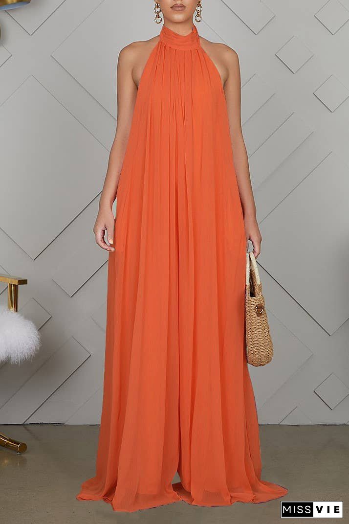 SS/24 chiffon halter backless pleated wide leg jumpsuit