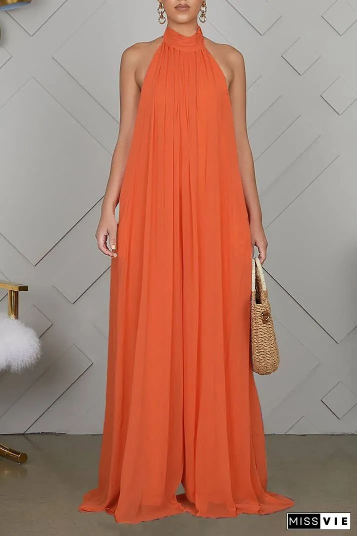 SS/24 chiffon halter backless pleated wide leg jumpsuit