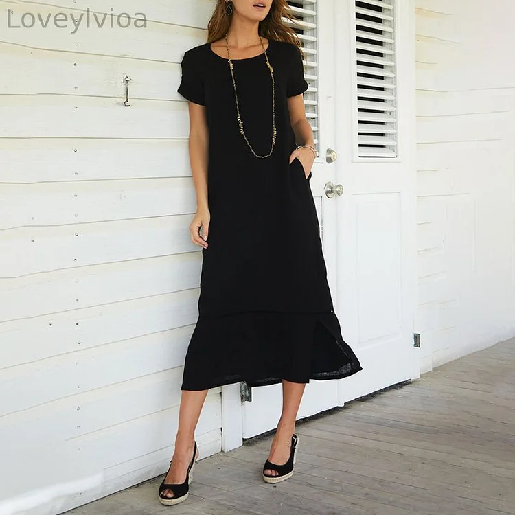 Solid Round Neck Casual Midi Dress