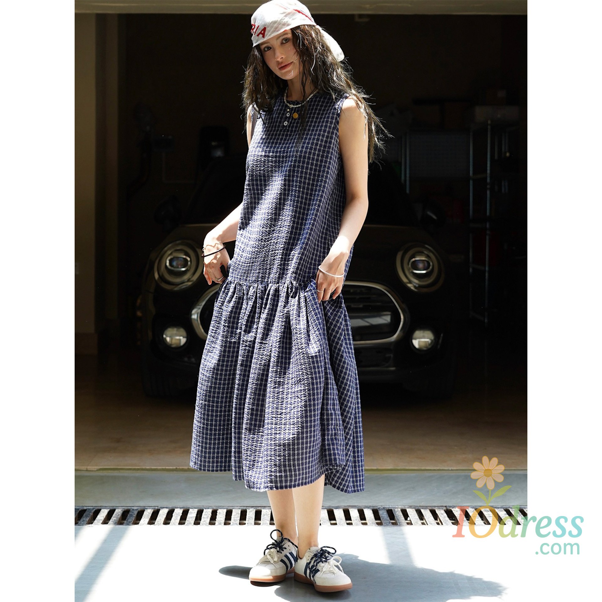 IO Dress HanOrange 2025 Summer Retro Bubble Plaid Sleeveless Dress Loose Waist A-line Midi Tank Dress Navy Blue IO Dress