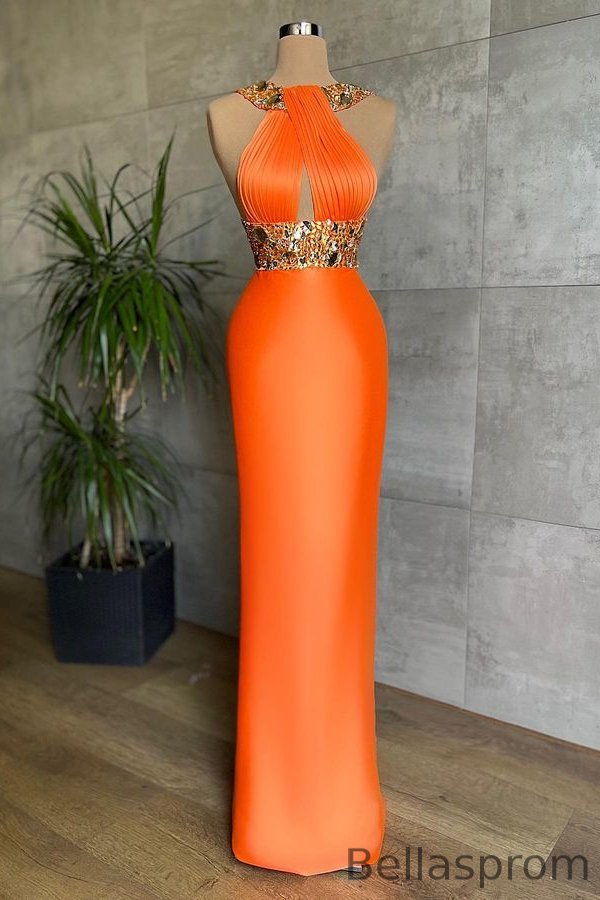 Bellasprom Orange Halter Sleeveless Prom Dress Mermaid With Crystals Bellasprom